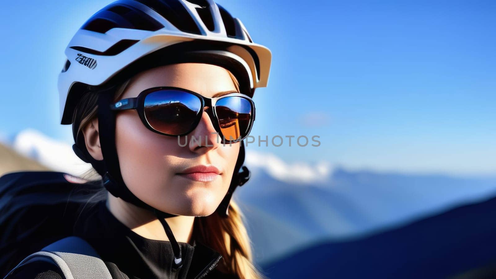 Woman wearing helmet and sunglasses glasses stands confidently before towering mountain backdrop ready for adventure, exploration. She may be gearing up for bicycle ride or some other outdoor activity