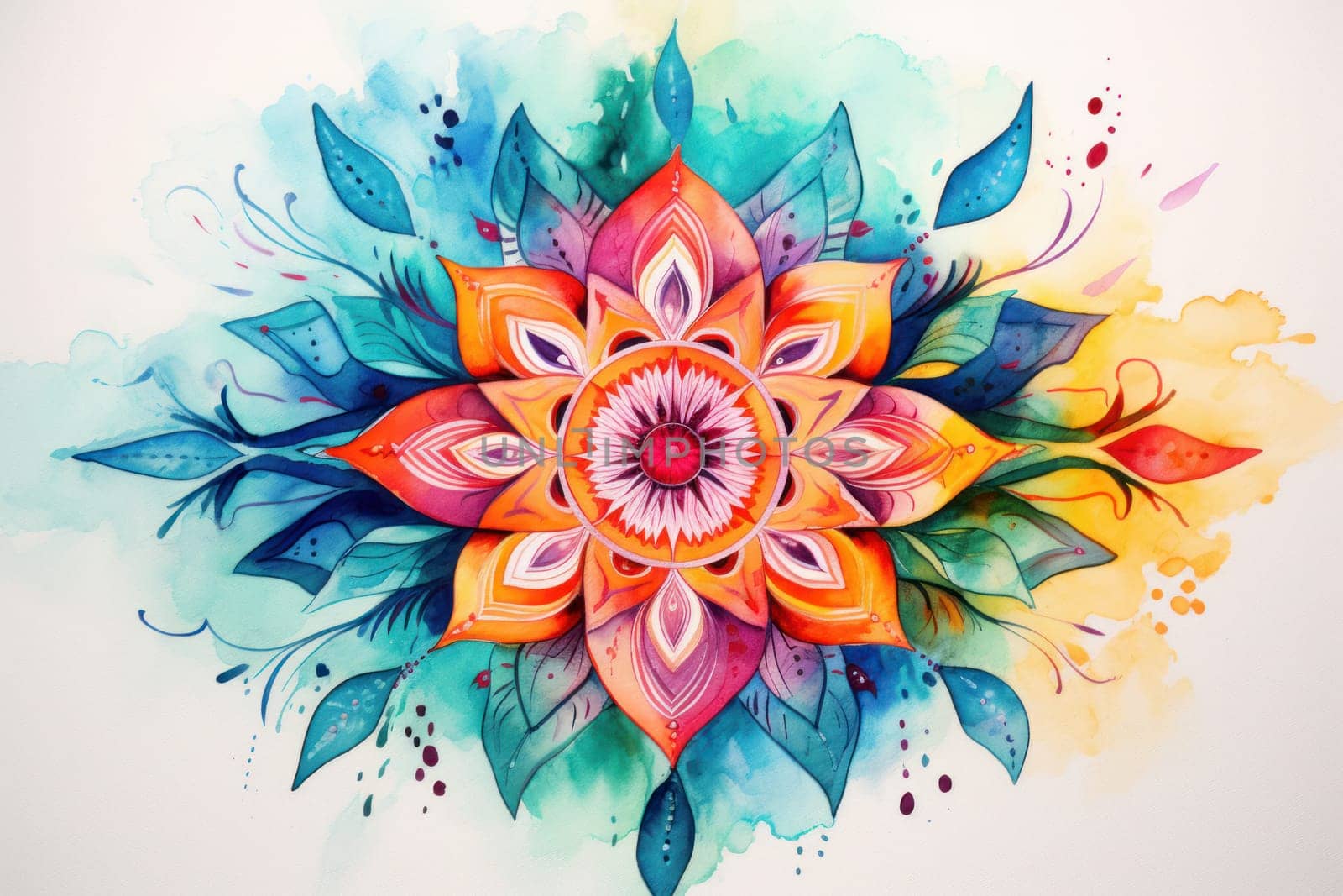 Vibrant Mandala drawing watercolor. Generate Ai by ylivdesign