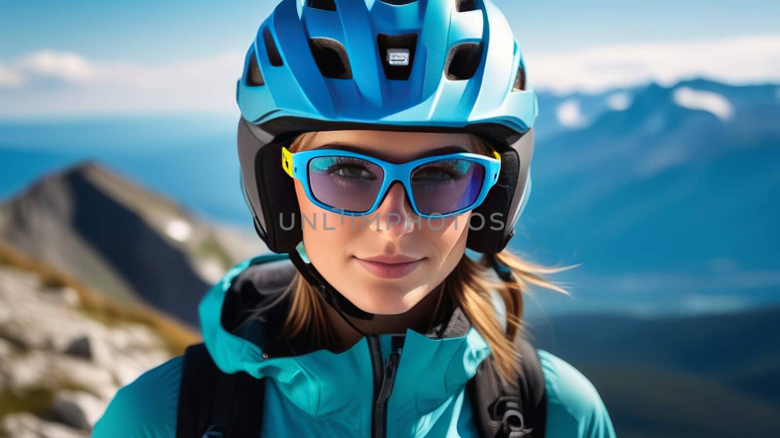 Woman wearing helmet and sunglasses glasses stands confidently before towering mountain backdrop ready for adventure, exploration. She may be gearing up for bicycle ride or some other outdoor activity