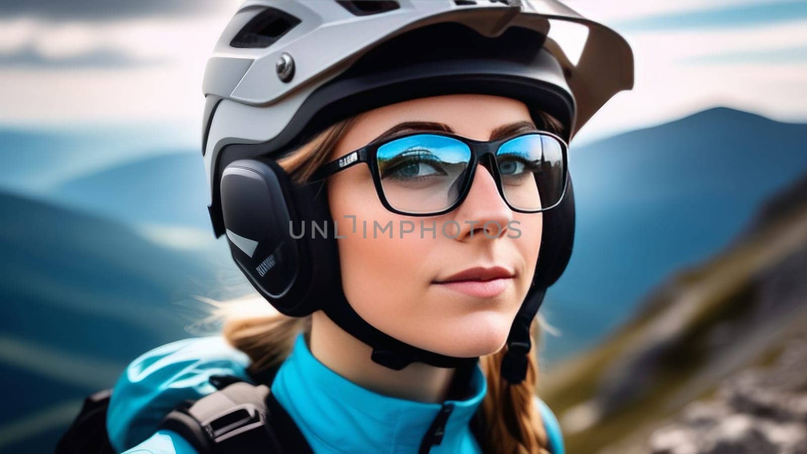 Woman wearing helmet and sunglasses glasses stands confidently before towering mountain backdrop ready for adventure, exploration. She may be gearing up for bicycle ride or some other outdoor activity