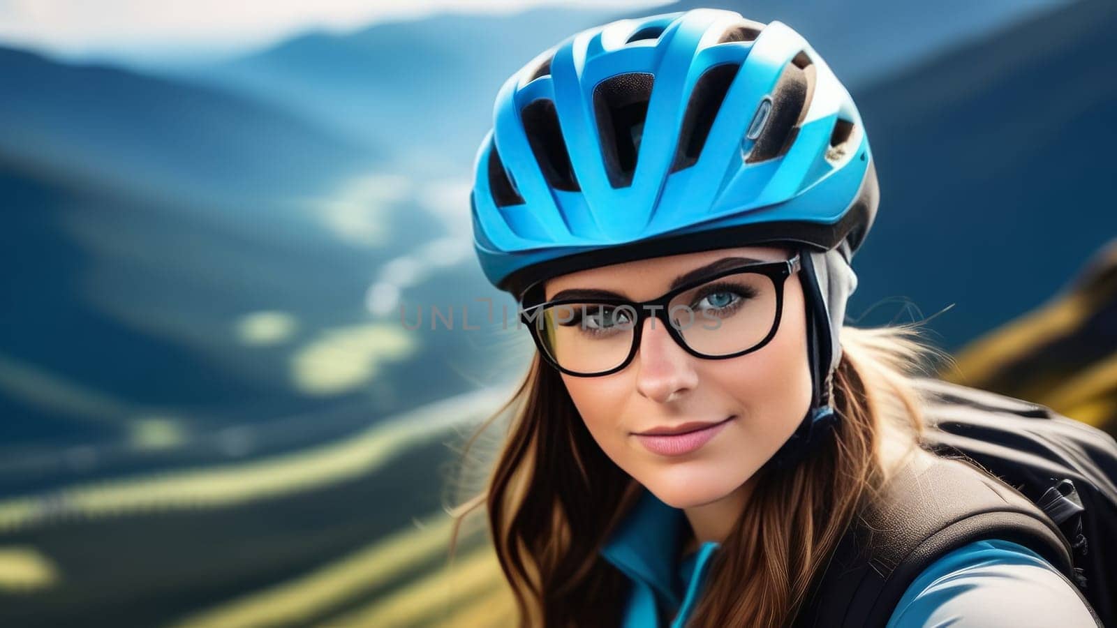 Woman wearing helmet and glasses stands confidently before towering mountain backdrop ready for adventure and exploration. She may be gearing up for bicycle ride or some other outdoor activity