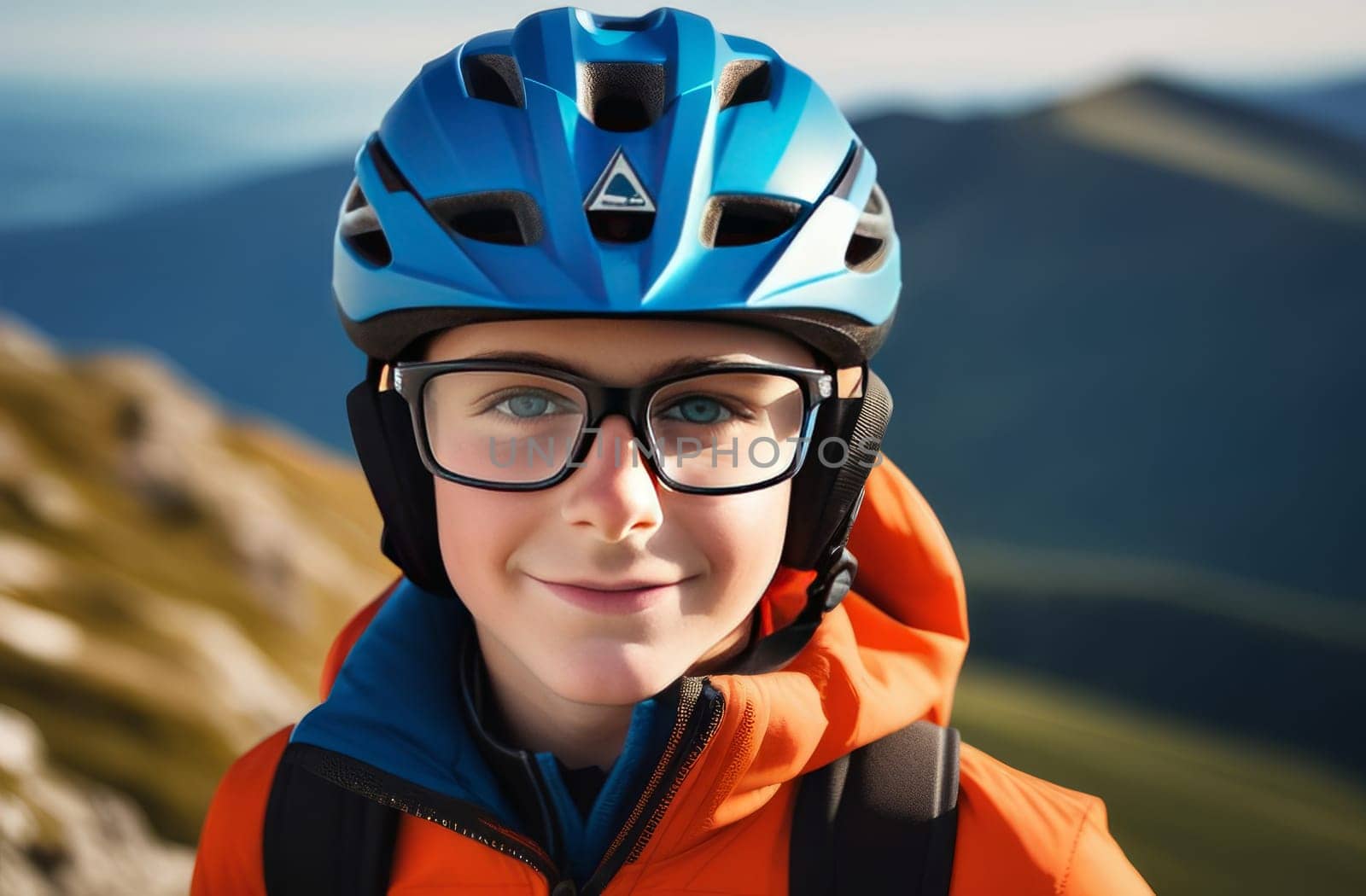 Young boy wearing helmet and glasses stands confidently before towering mountain backdrop ready for adventure and exploration. He may be gearing up for bicycle ride or some other outdoor activity