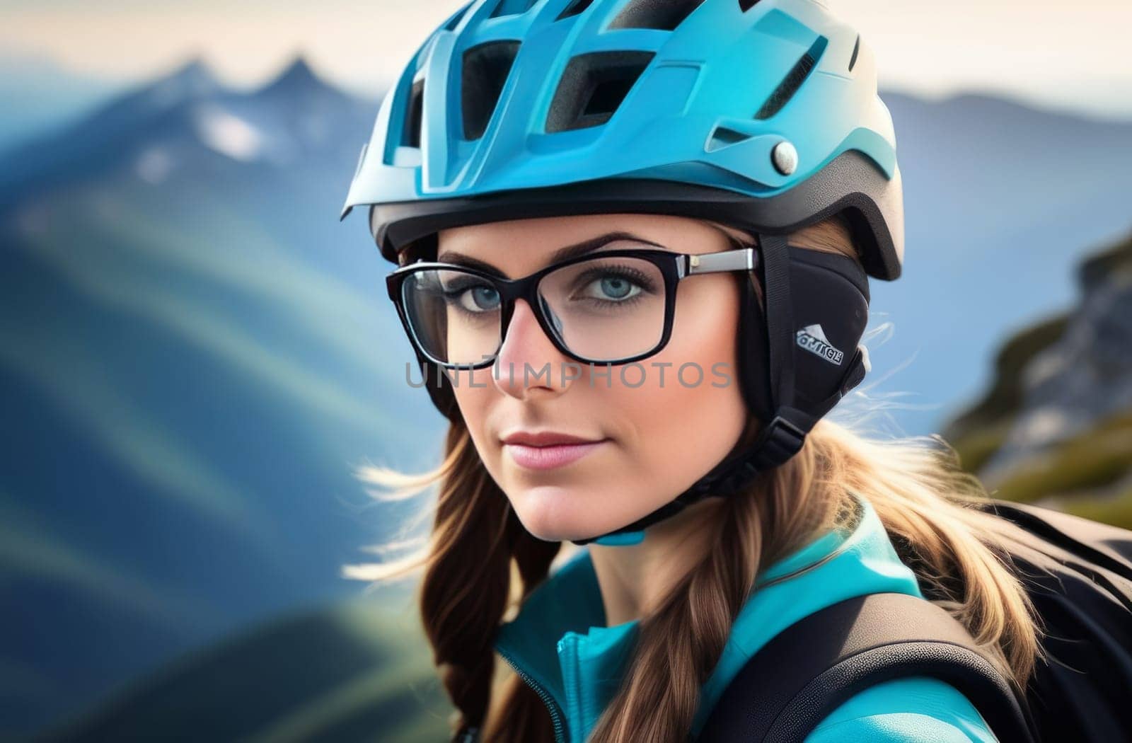 Woman wearing helmet and glasses stands confidently before towering mountain backdrop ready for adventure and exploration. She may be gearing up for bicycle ride or some other outdoor activity