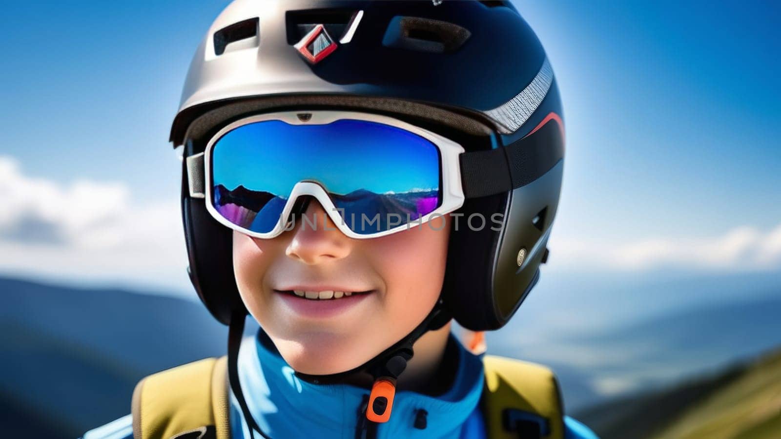 Young boy wearing helmet and sunglasses glasses stands confidently before towering mountain backdrop ready for adventure, exploration. He may be gearing up for bicycle ride, other outdoor activity