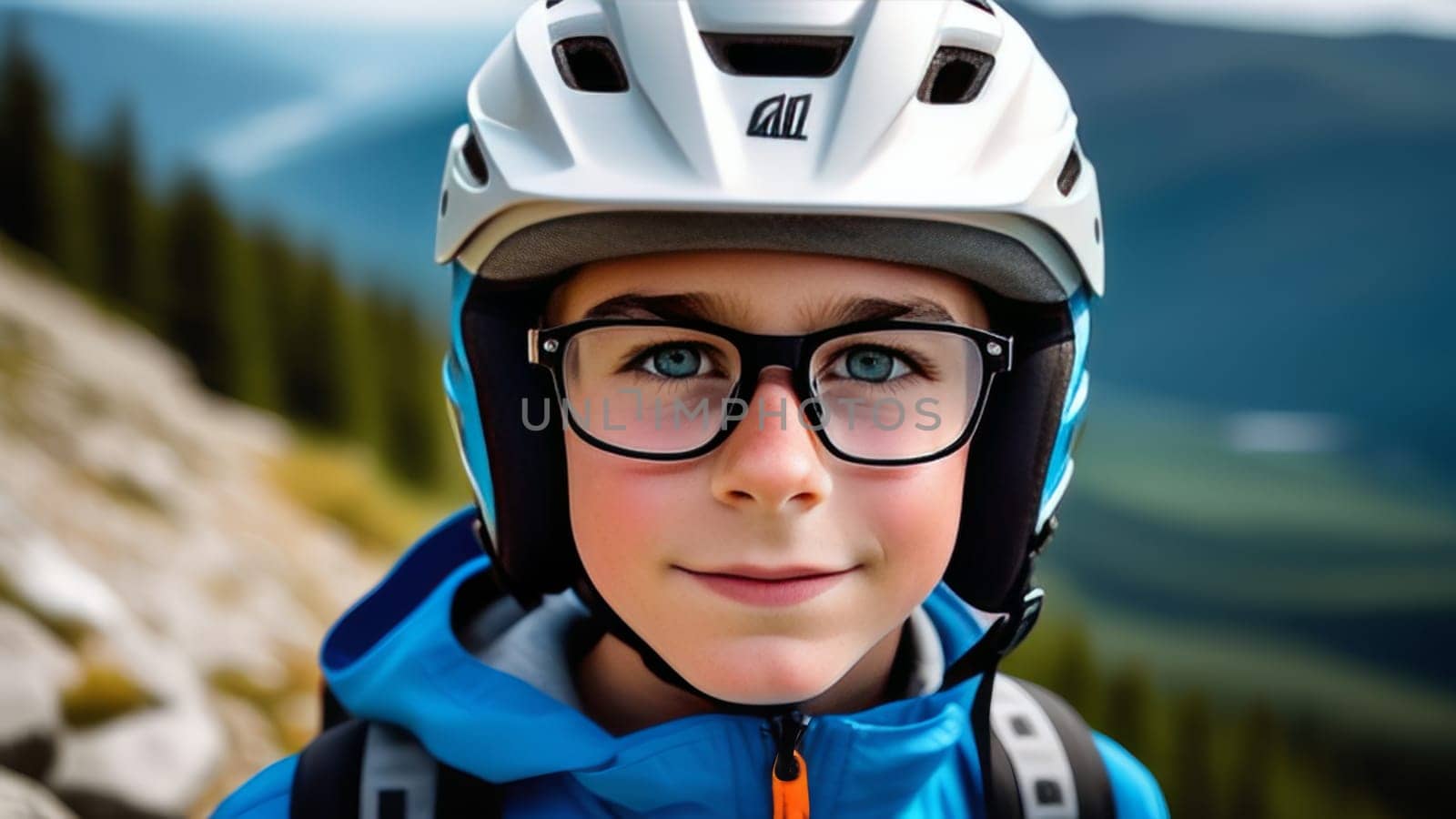 Young boy wearing helmet and glasses stands confidently before towering mountain backdrop ready for adventure and exploration. He may be gearing up for bicycle ride or some other outdoor activity