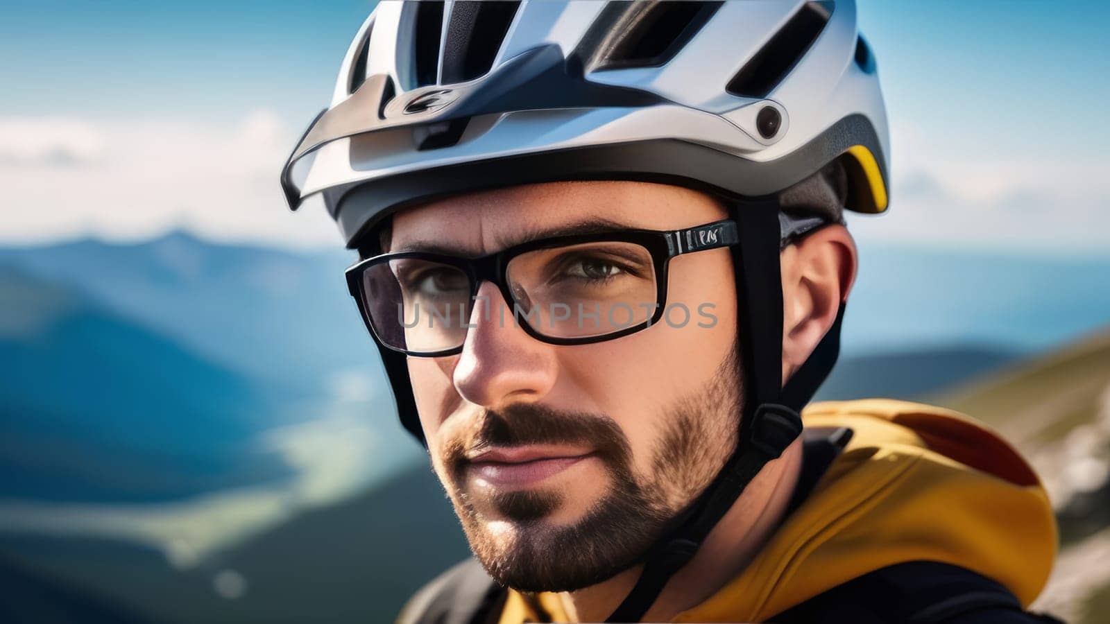 Man wearing helmet and glasses stands confidently before towering mountain backdrop ready for adventure and exploration. He may be gearing up for bicycle ride or some other outdoor activity