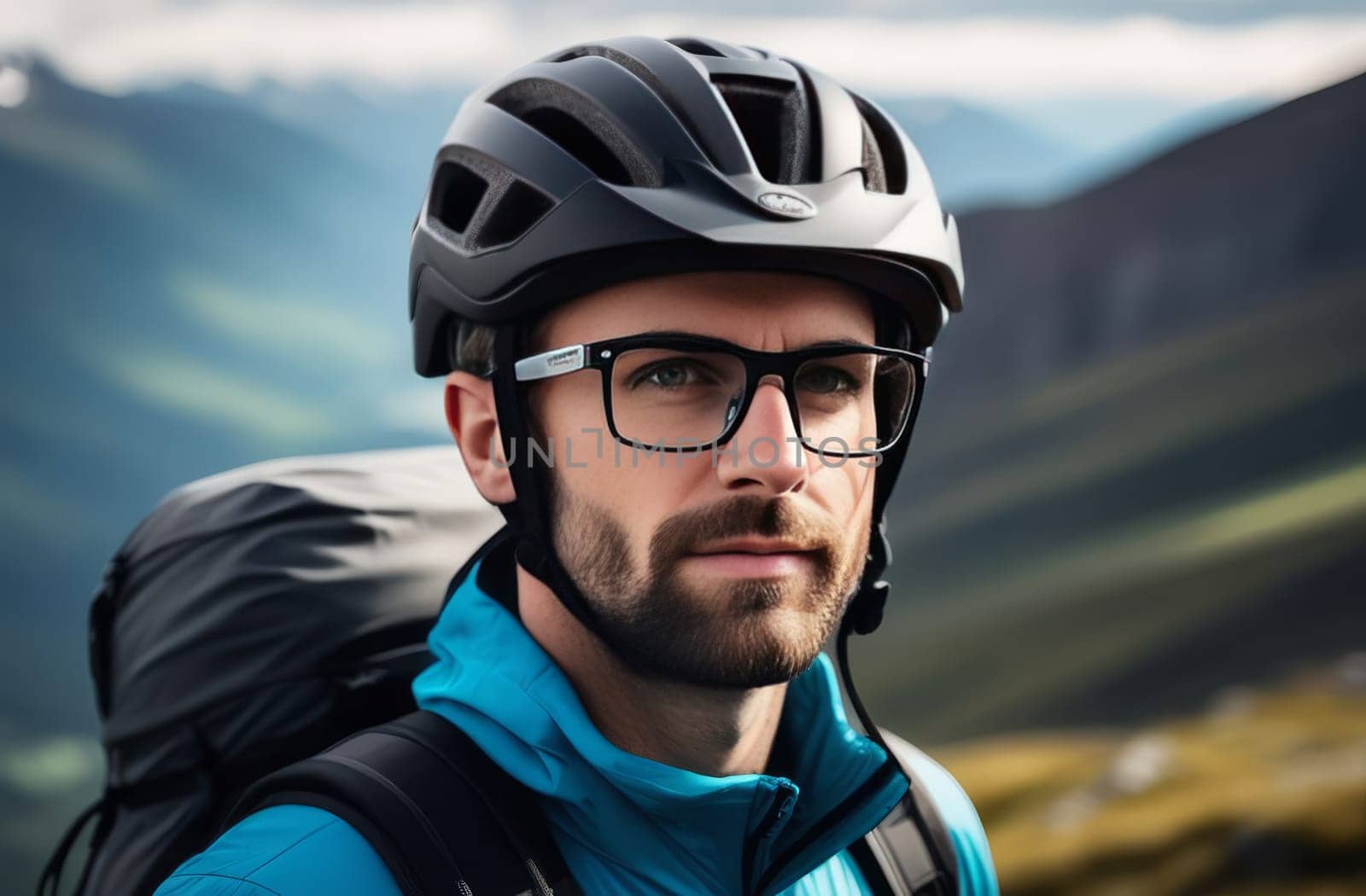 Man wearing helmet and glasses stands confidently before towering mountain backdrop ready for adventure and exploration. He may be gearing up for bicycle ride or some other outdoor activity
