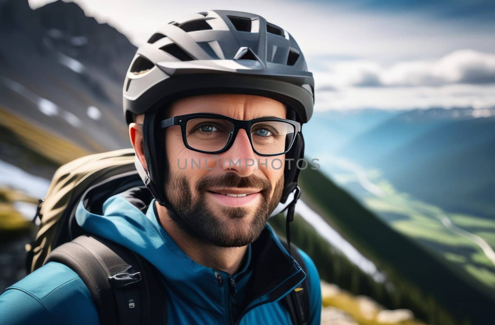 Man wearing helmet and glasses stands confidently before towering mountain backdrop ready for adventure and exploration. He may be gearing up for bicycle ride or some other outdoor activity