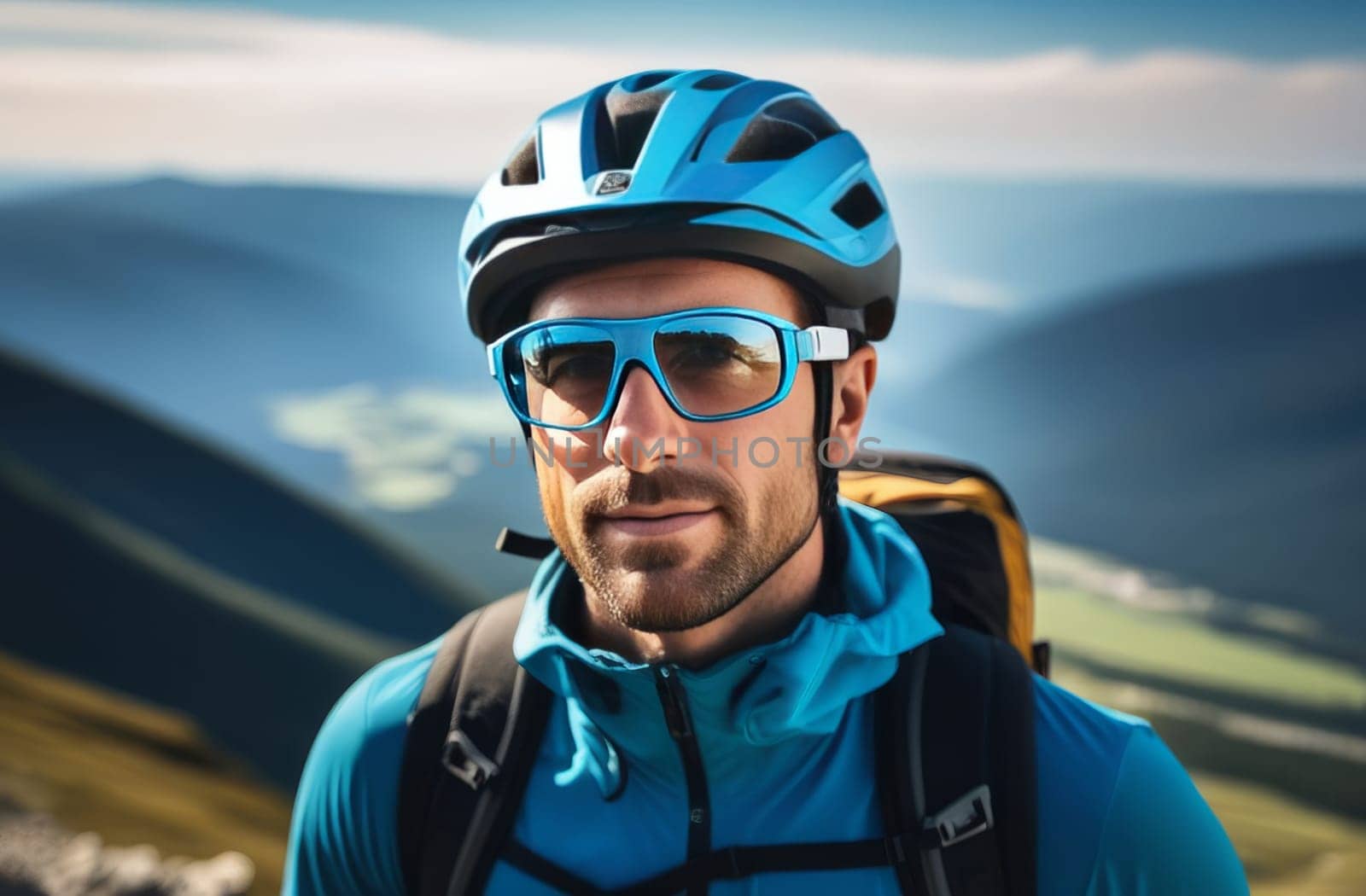 Man wearing helmet and glasses stands confidently before towering mountain backdrop ready for adventure and exploration. He may be gearing up for bicycle ride or some other outdoor activity