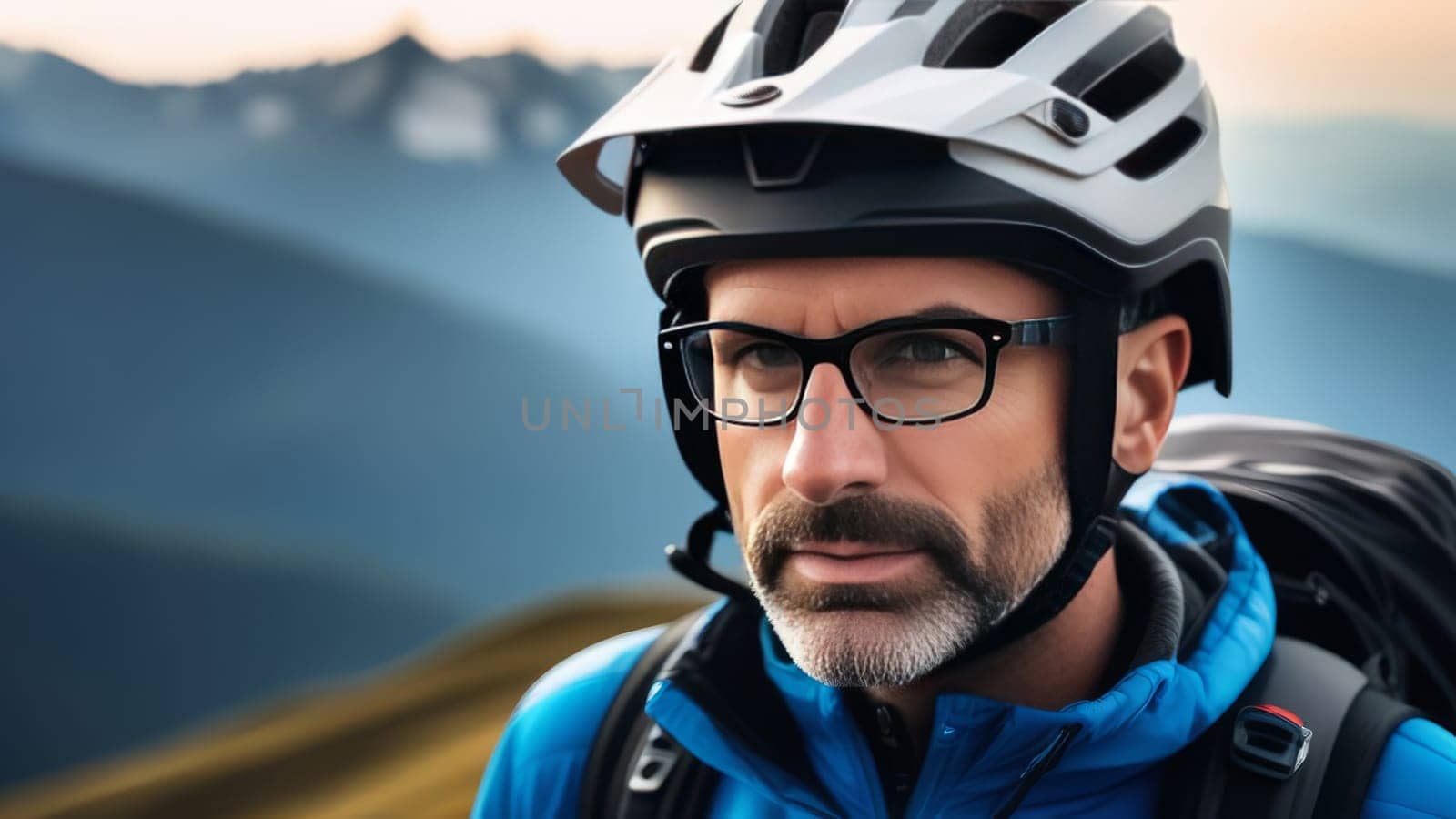 Man wearing helmet and glasses stands confidently before towering mountain backdrop ready for adventure and exploration. He may be gearing up for bicycle ride or some other outdoor activity