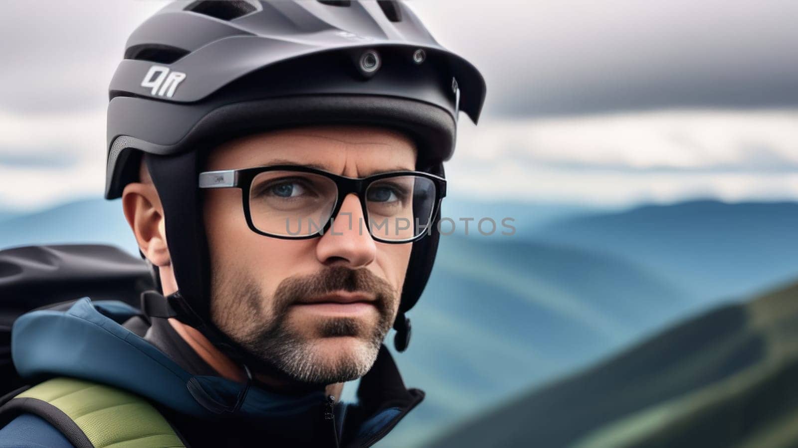 Man wearing helmet and glasses stands confidently before towering mountain backdrop ready for adventure and exploration. He may be gearing up for bicycle ride or some other outdoor activity
