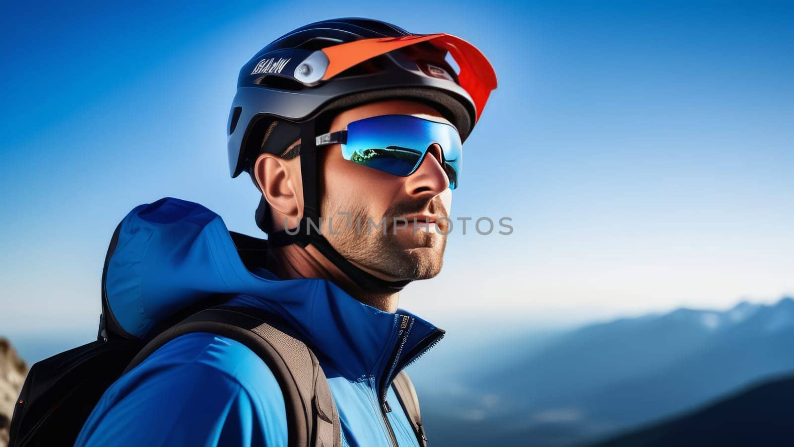 Man wearing helmet and sunglasses glasses stands confidently before towering mountain backdrop ready for adventure, exploration. He may be gearing up for bicycle ride, some other outdoor activity
