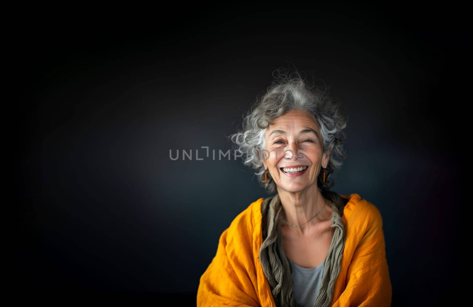 Portrait of Charming Senior Aged Female Retiree With Gray Hair, Wrinkles in Orange Cardigan on Dark Black Gray Background Smiling with Teeth Older Woman. Happy Pensioner, Retirement. AI Generated.