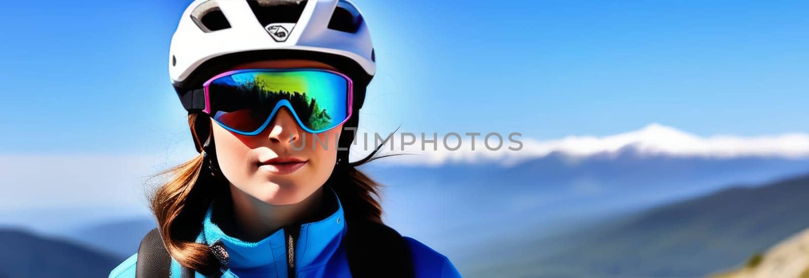 Woman wearing helmet and sunglasses glasses stands confidently before towering mountain backdrop ready for adventure, exploration.She may be gearing up for bicycle ride or some other outdoor activity. by Angelsmoon