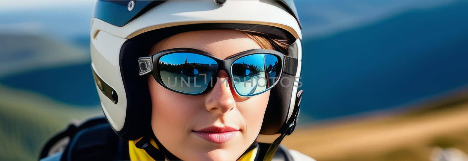 Woman wearing helmet and sunglasses glasses stands confidently before towering mountain backdrop ready for adventure, exploration. She may be gearing up for bicycle ride or some other outdoor activity