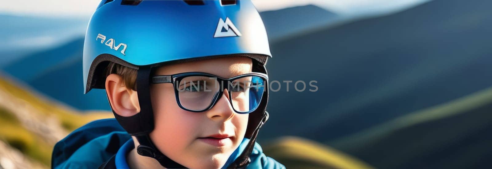 Young boy wearing helmet and glasses stands confidently before towering mountain backdrop ready for adventure and exploration. He may be gearing up for bicycle ride or some other outdoor activity