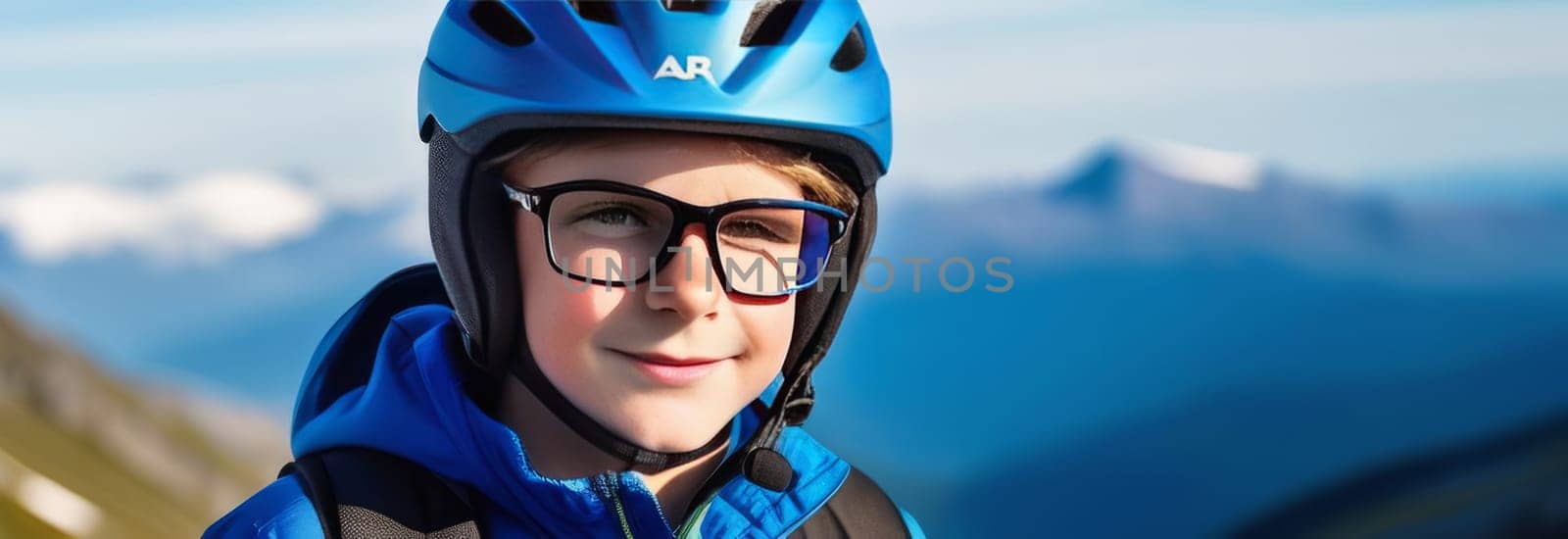 Young boy wearing helmet and glasses stands confidently before towering mountain backdrop ready for adventure and exploration. He may be gearing up for bicycle ride or some other outdoor activity. by Angelsmoon