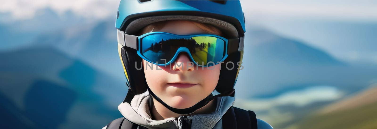 Young boy wearing helmet and sunglasses glasses stands confidently before towering mountain backdrop ready for adventure, exploration. He may be gearing up for bicycle ride, other outdoor activity