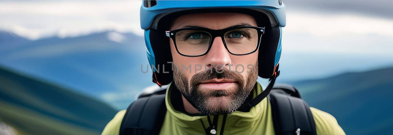 Man wearing helmet and glasses stands confidently before towering mountain backdrop ready for adventure and exploration. He may be gearing up for bicycle ride or some other outdoor activity