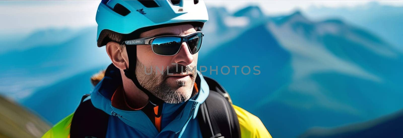 Man wearing helmet and sunglasses glasses stands confidently before towering mountain backdrop ready for adventure, exploration. He may be gearing up for bicycle ride, some other outdoor activity