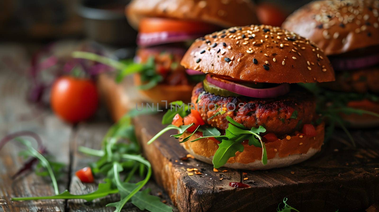 vegetarian burger with rocket salad and tomatoes, generative ai. High quality photo