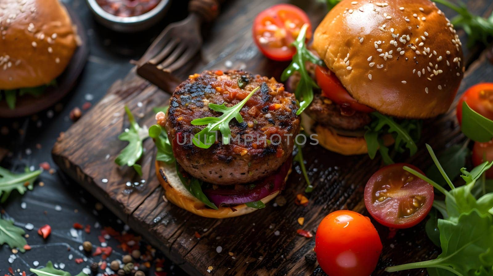 vegetarian burger with rocket salad and tomatoes, generative ai. High quality photo
