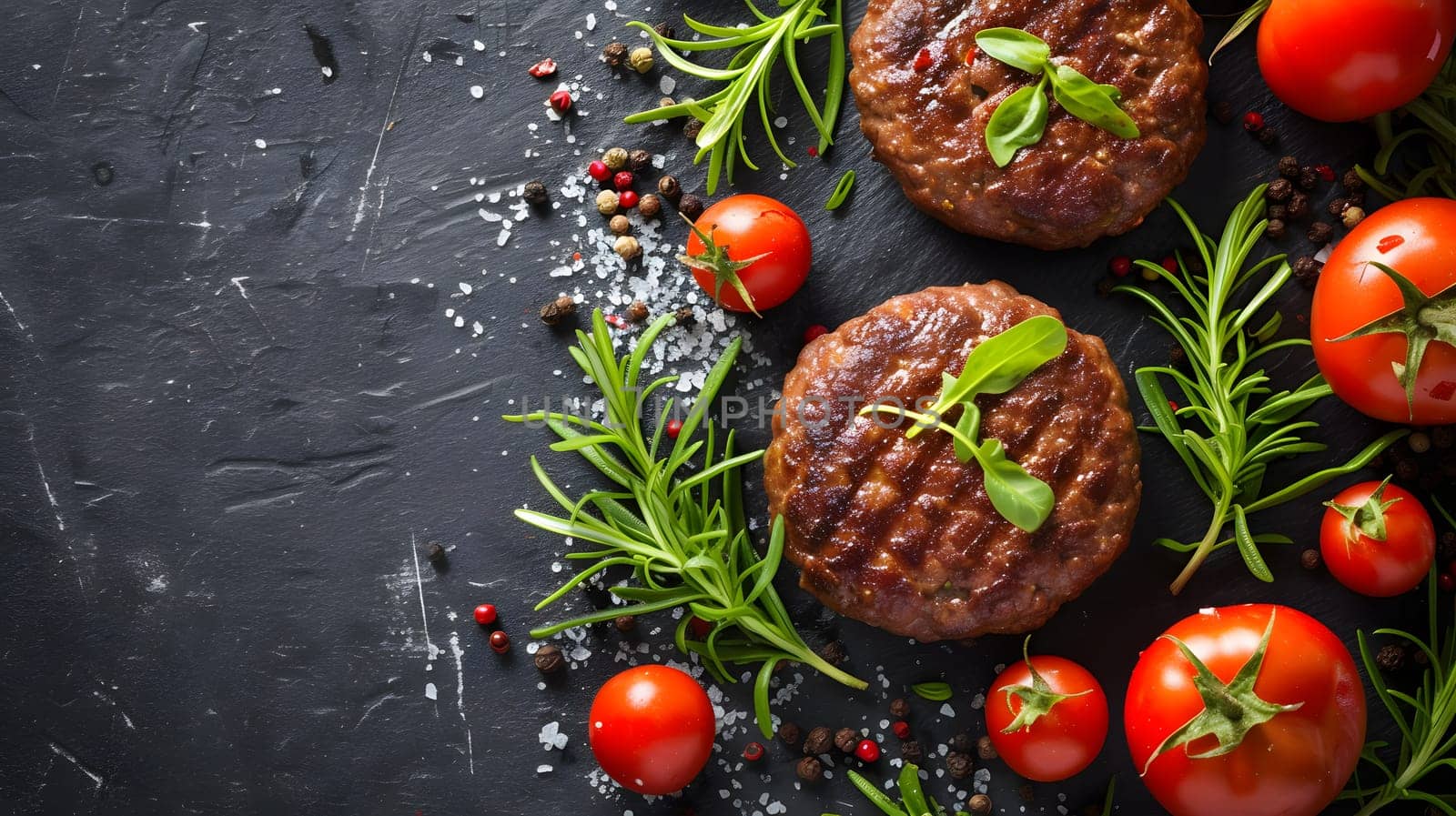 burger patty with rosemary and tomatoes, generative ai. High quality photo