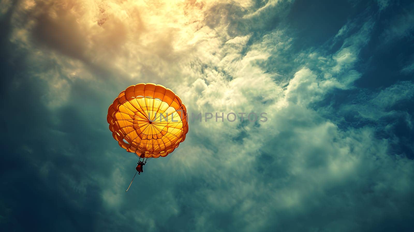 golden parachute against blue sky, generative ai. High quality photo
