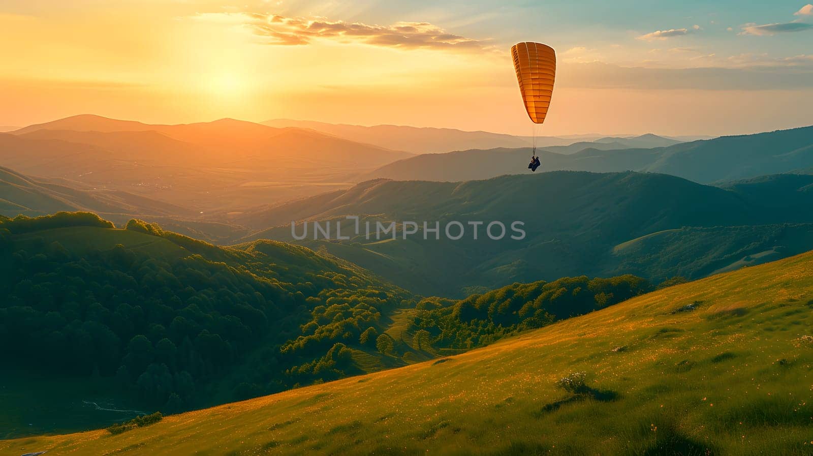 golden parachute against blue sky, generative ai by Chechotkin