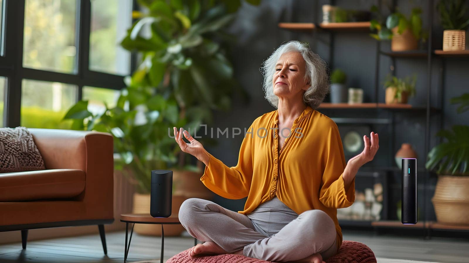 senior lady doing meditation at home, generative ai by Chechotkin