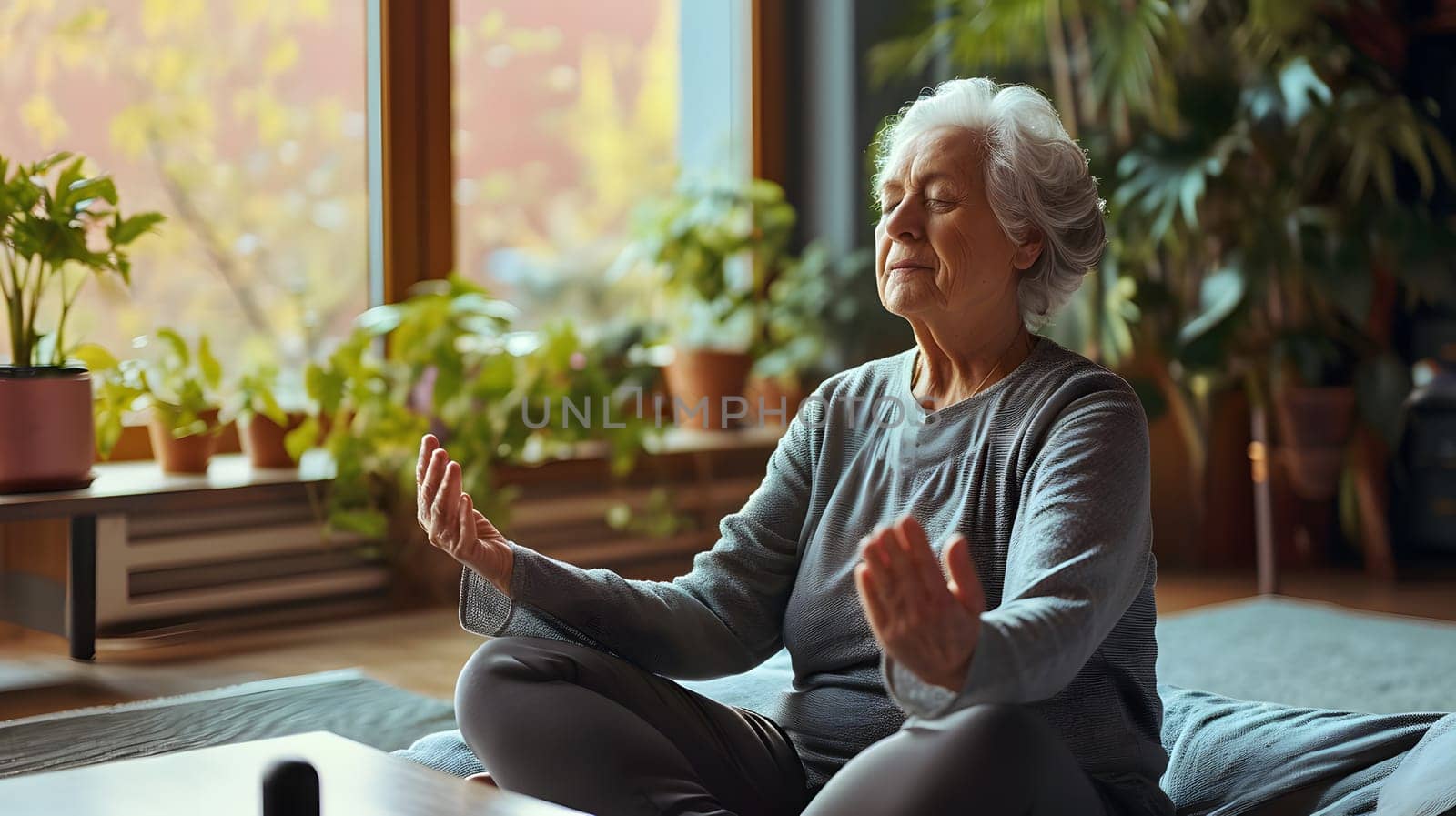 senior lady doing meditation at home, generative ai by Chechotkin