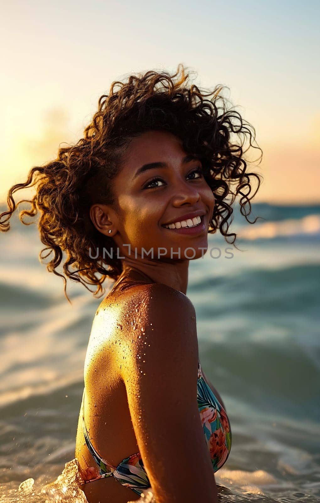 A radiant young woman with curly hair smiles warmly against the backdrop of a sun-kissed beach at dusk - Generative AI