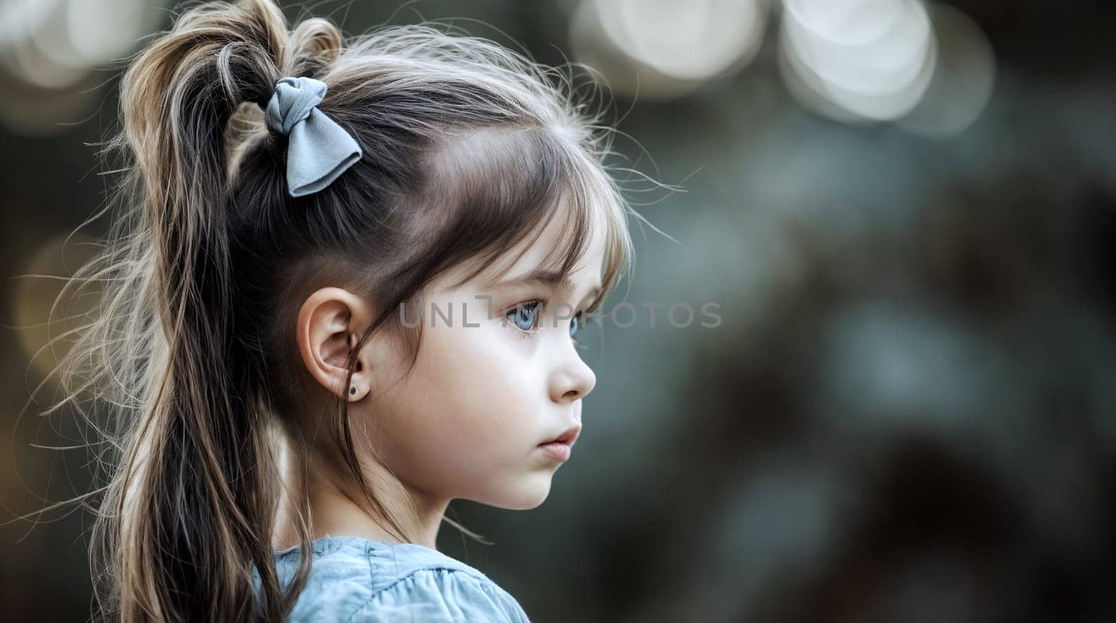 A close-up portrait of a contemplative young girl, her innocence reflected in her deep blue eyes and serene expression by chrisroll
