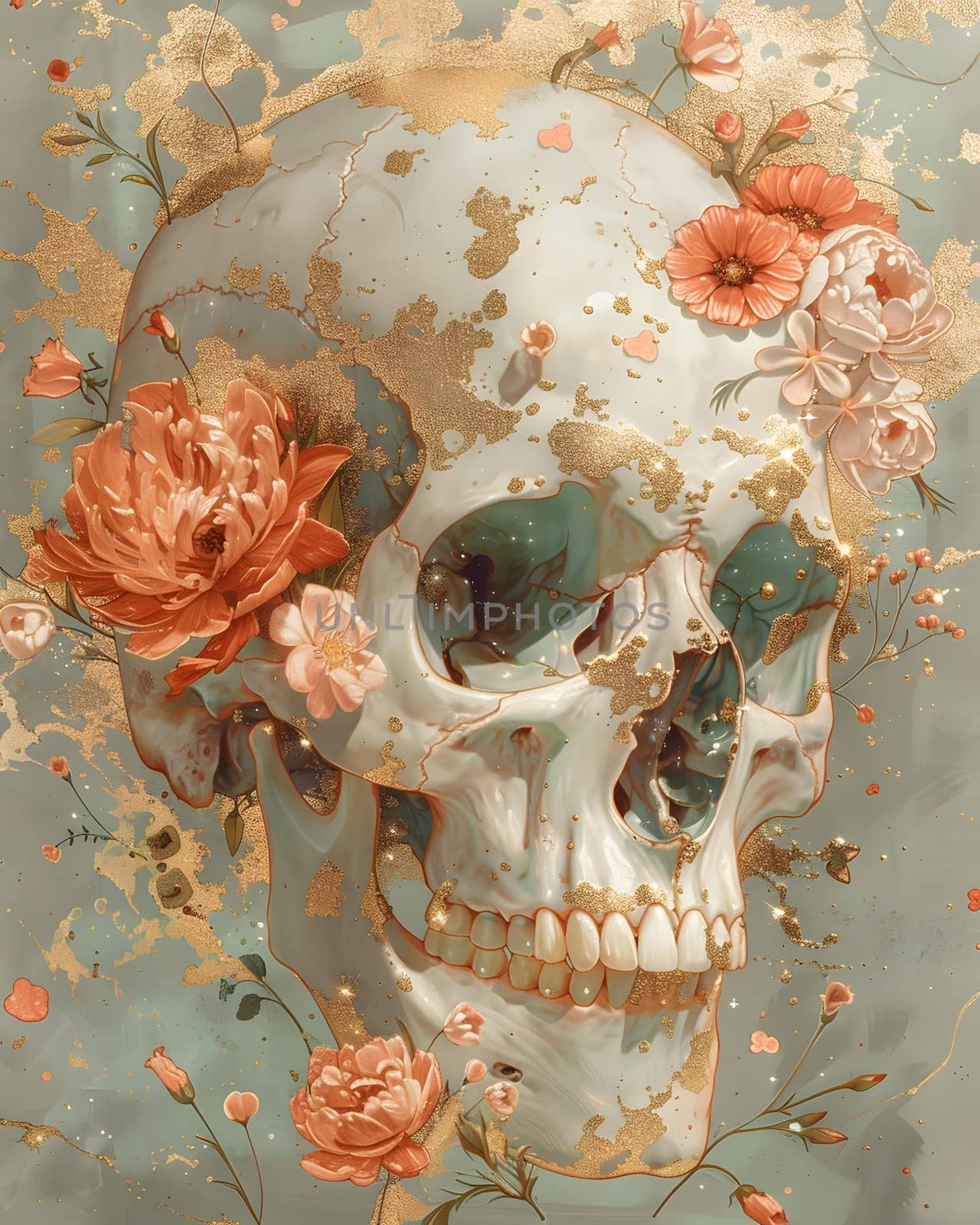 Skull surrounded by flowers in a blue painting, a striking visual arts piece by Nadtochiy