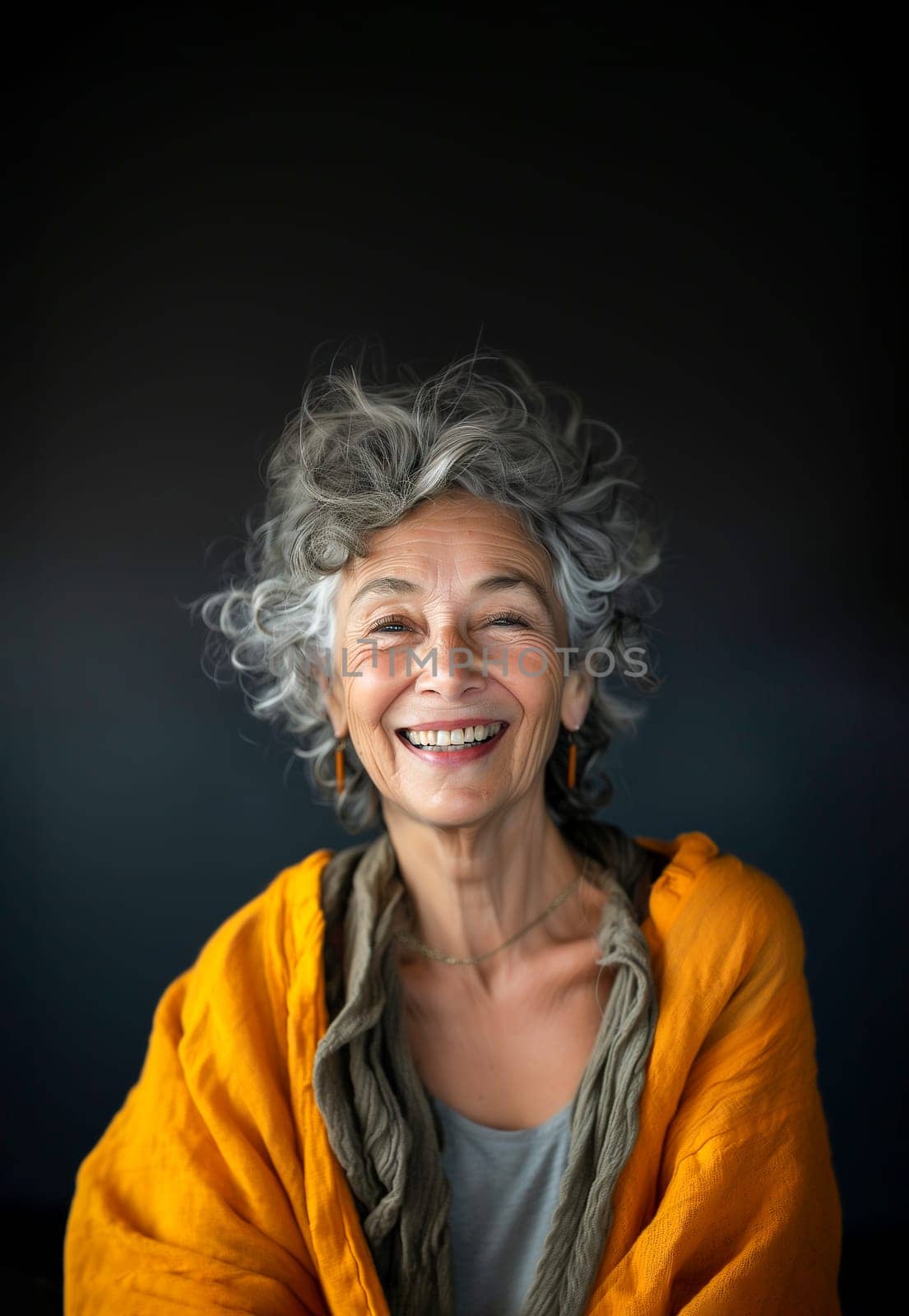 Portrait of Pretty Senior Elderly Female Retiree With Gray Hair, Wrinkles in Orange Cardigan on Dark Gray Background Smiling with Teeth Older Woman. Happy Pensioner, Retirement AI Generated Vertical