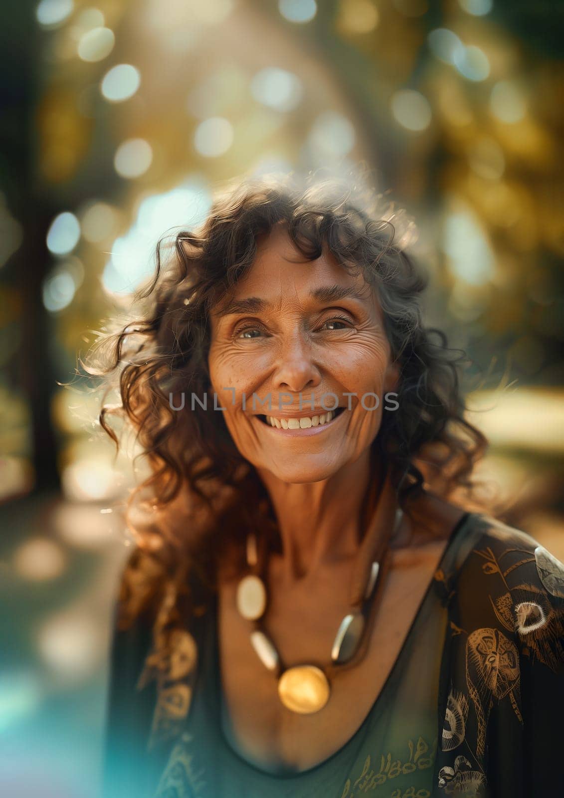 Portrait of Beautiful Senior Mature Woman With Gray Hair, Wrinkles in Park Outdoor. Tree, Sunny Bokeh on Background. Smiling with Teeth Older Female. Happy Pensioner, Retirement. AI Generated.