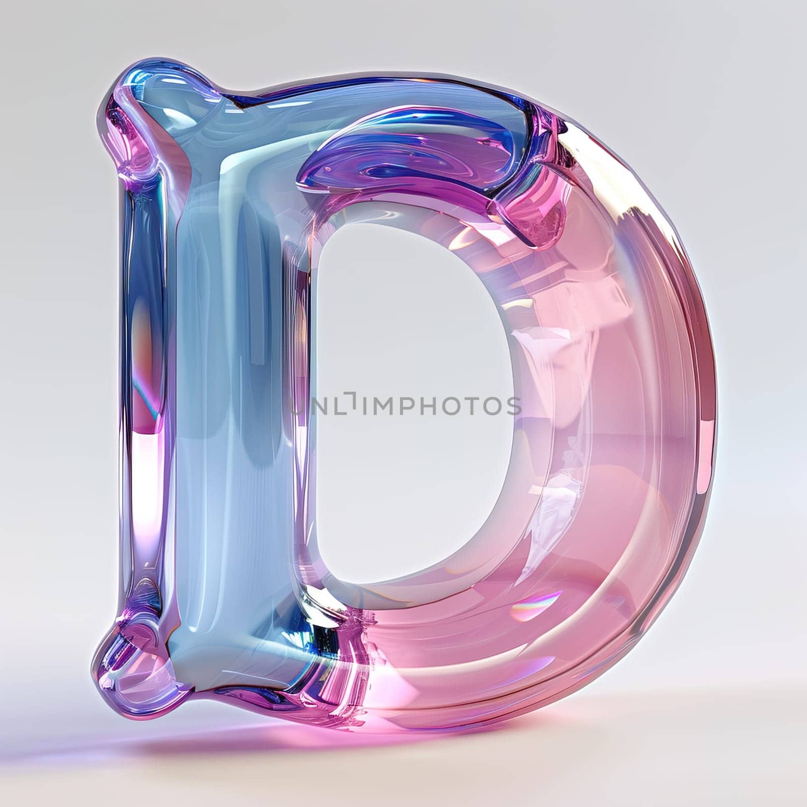 glassy pink and blue letter D for logo in the style of neumorphism, soft natural lighting, simple and elegant space, close-up, super high detaill