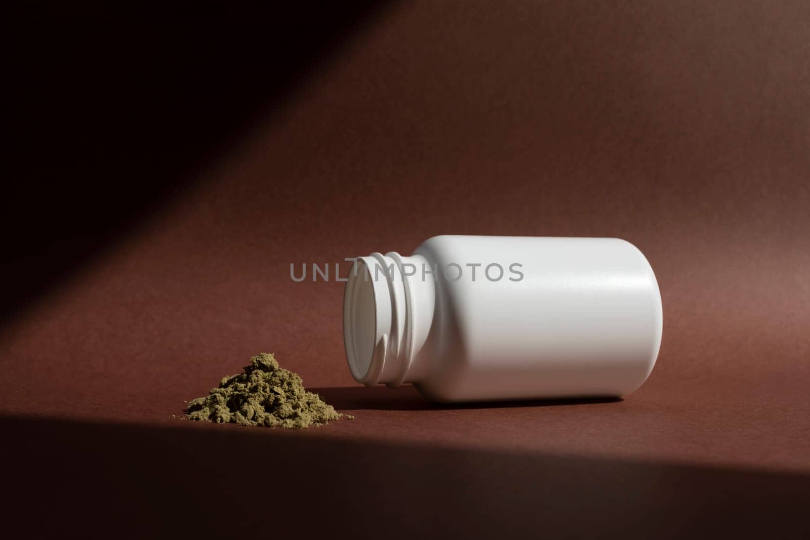 Mockup Hemp Protein Powder, White Bottle On Brown Background. Nutritional Supplement, Plant-based Protein. Organic Green Super Food, Healthy Lifestyle. Horizontal Copy Space For Text. Hard Shadow.