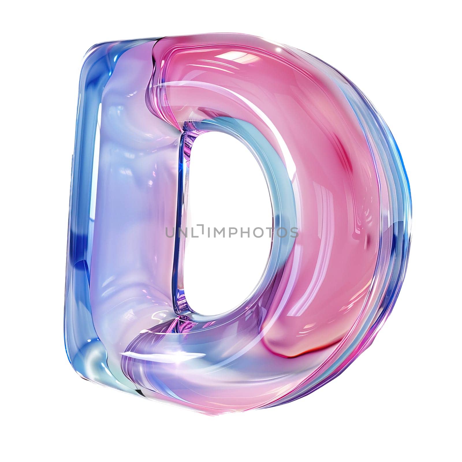 glassy pink and blue letter D for logo in the style of neumorphism, soft natural lighting, simple and elegant space, close-up, super high detaill