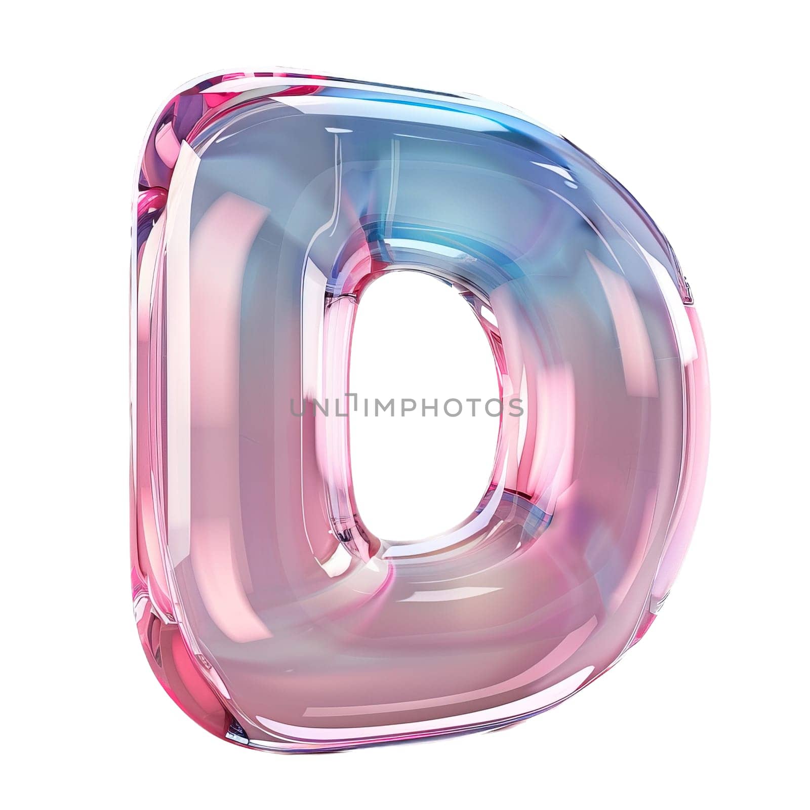 glassy pink and blue letter D for logo in the style of neumorphism, soft natural lighting, simple and elegant space, close-up, super high detaill