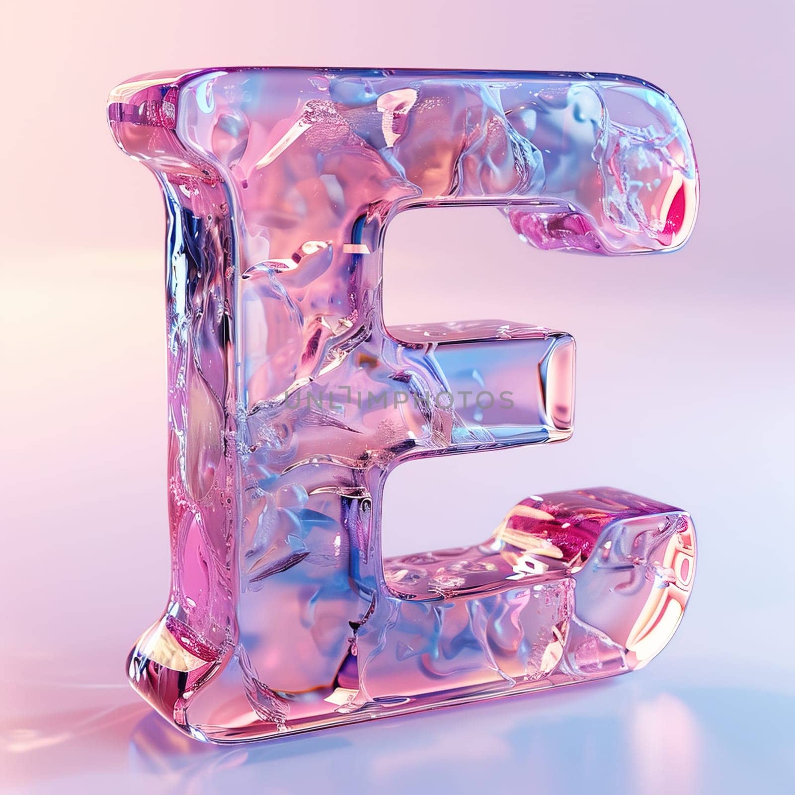 glassy pink and blue letter E for logo in the style of neumorphism, soft natural lighting, simple and elegant space, close-up, super high detaill