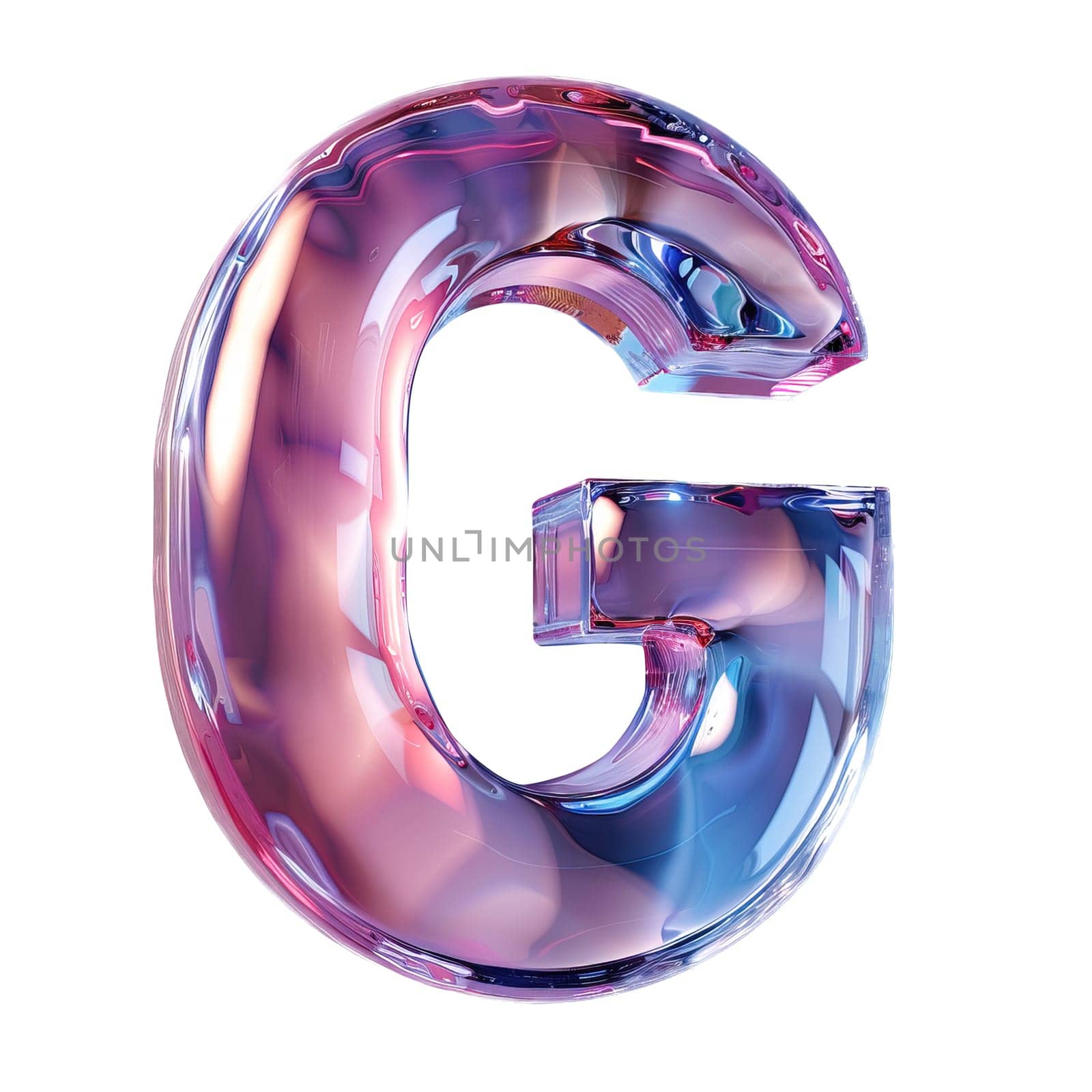 glassy pink and blue letter G for logo in the style of neumorphism, soft natural lighting, simple and elegant space, close-up, super high detaill