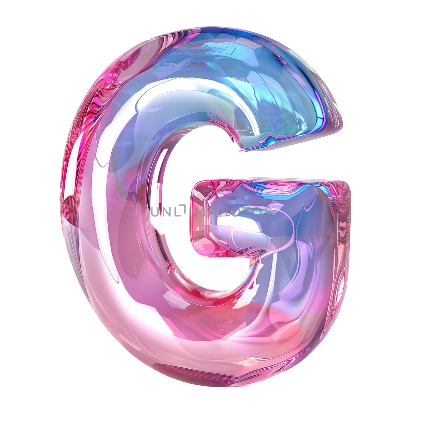 glassy pink and blue letter G for logo in the style of neumorphism, soft natural lighting, simple and elegant space, close-up, super high detaill