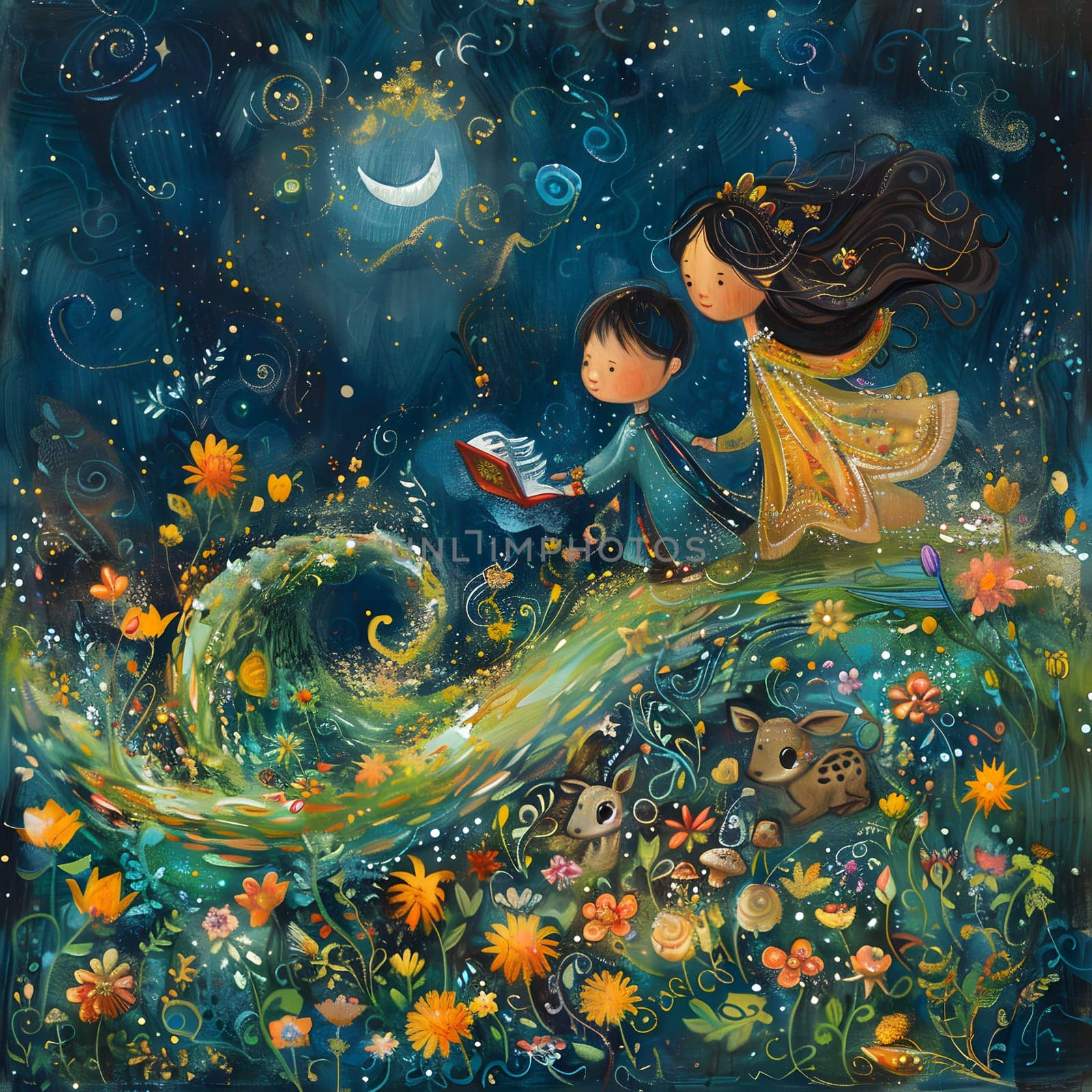 An illustration of a boy and a girl engrossed in a book, captured in a circle painting. The art portrays the beauty of reading together in a celestial space