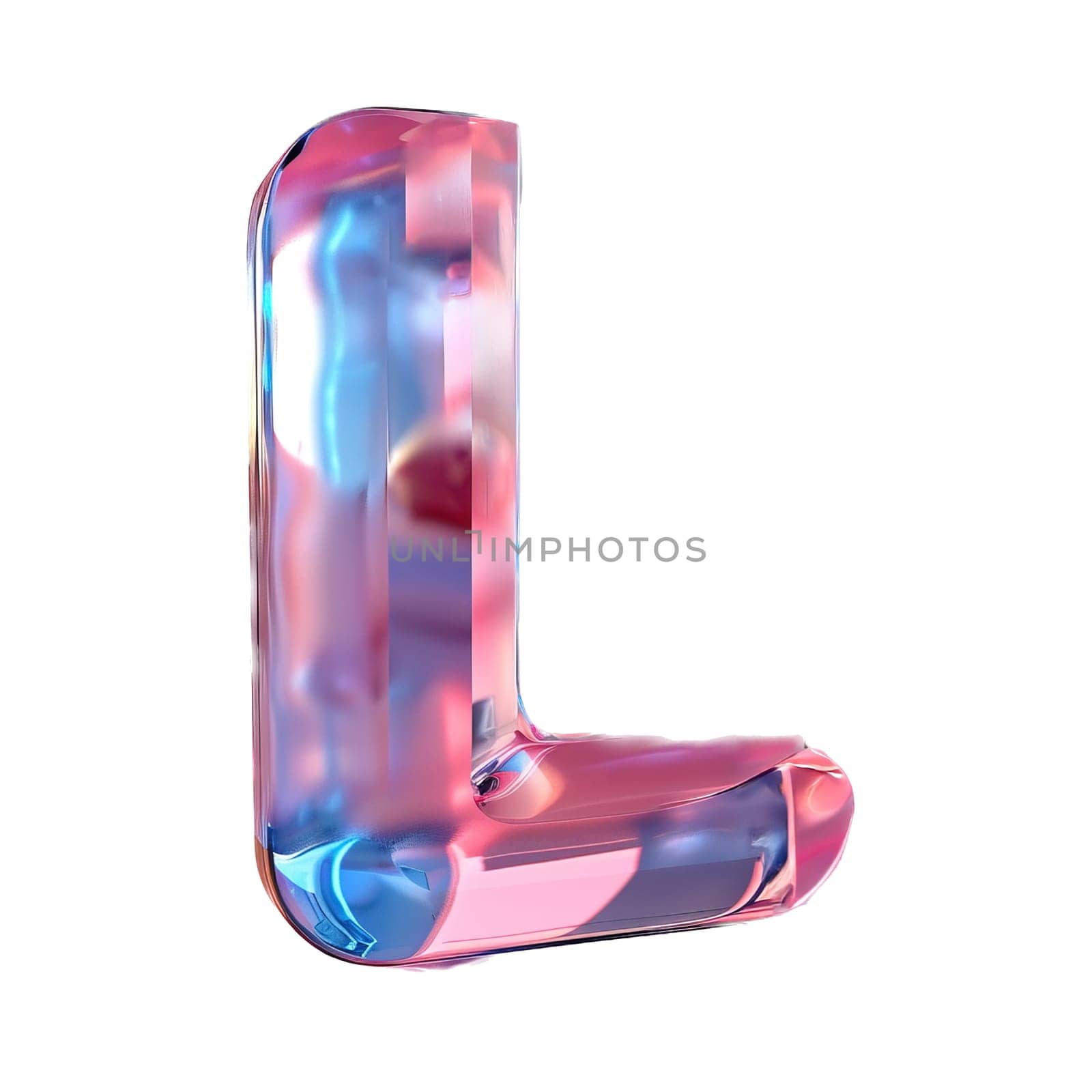 glassy pink and blue letter L for logo in the style of neumorphism, soft natural lighting, simple and elegant space, close-up, super high detaill