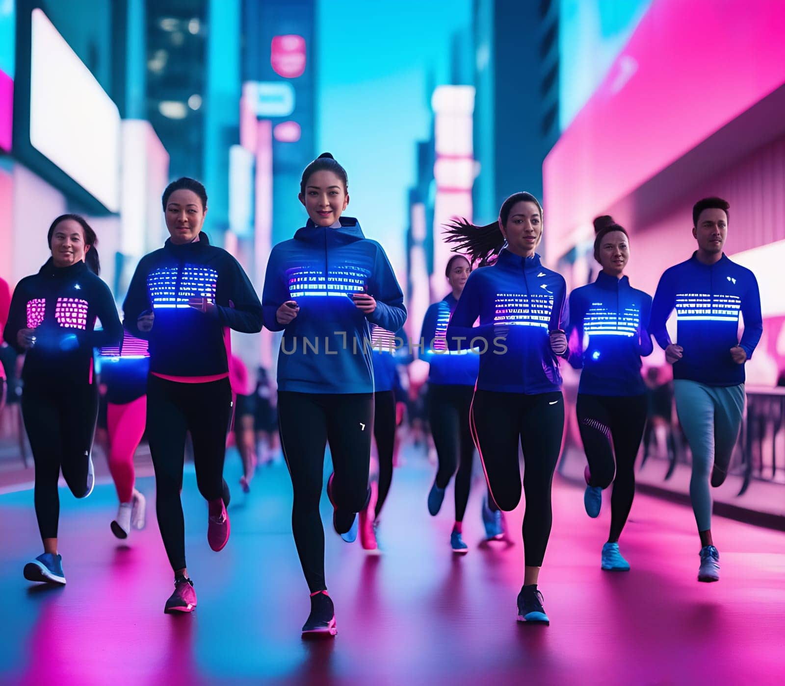 Abstract neon background, large group of running athletes on the street, marathon through the night city, blur effect, unrecognizable people. The concept of a healthy lifestyle.