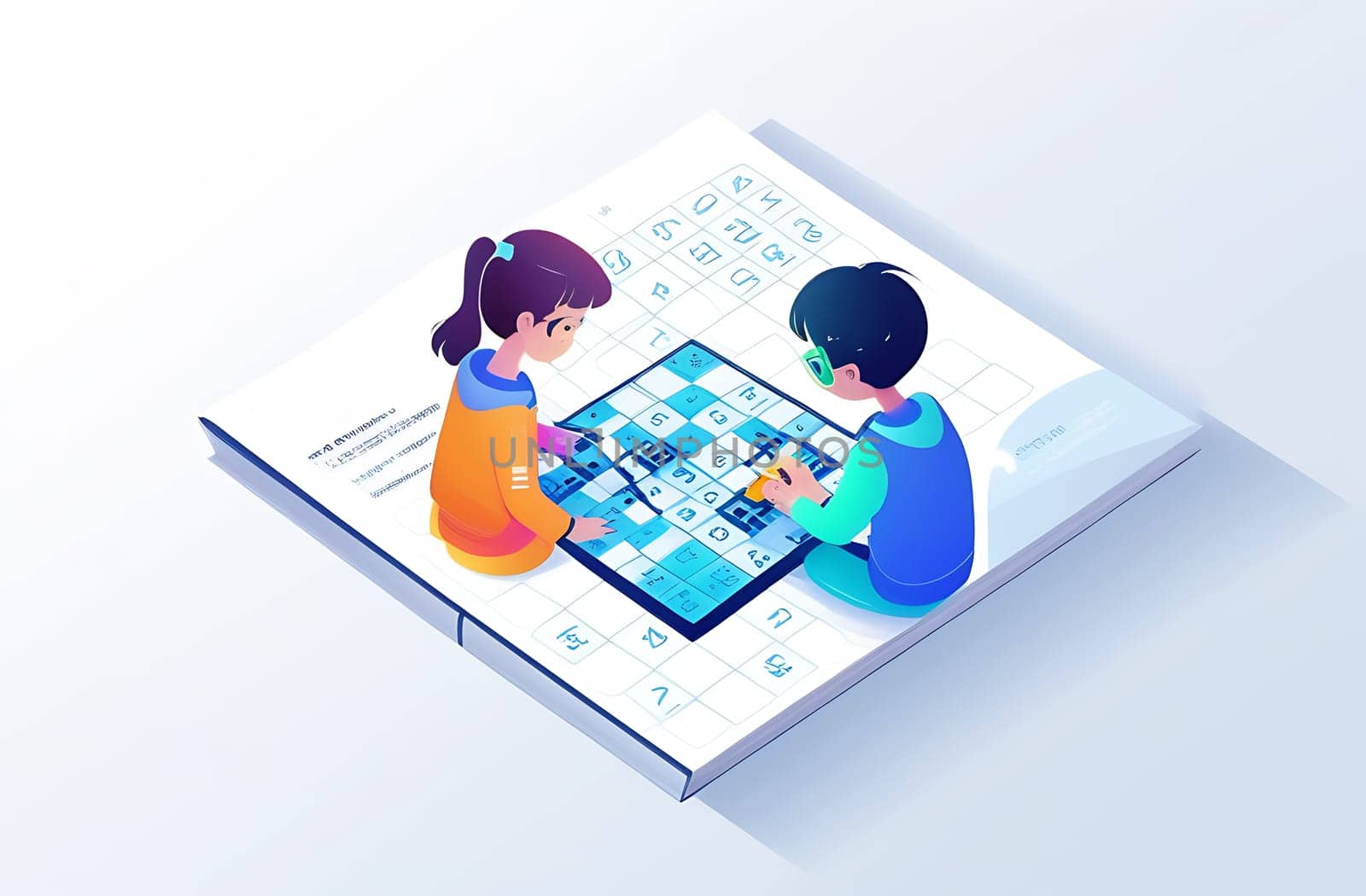 Two children, a girl and a boy, solve a Japanese Sudoku crossword puzzle, illustration on a white background by claire_lucia