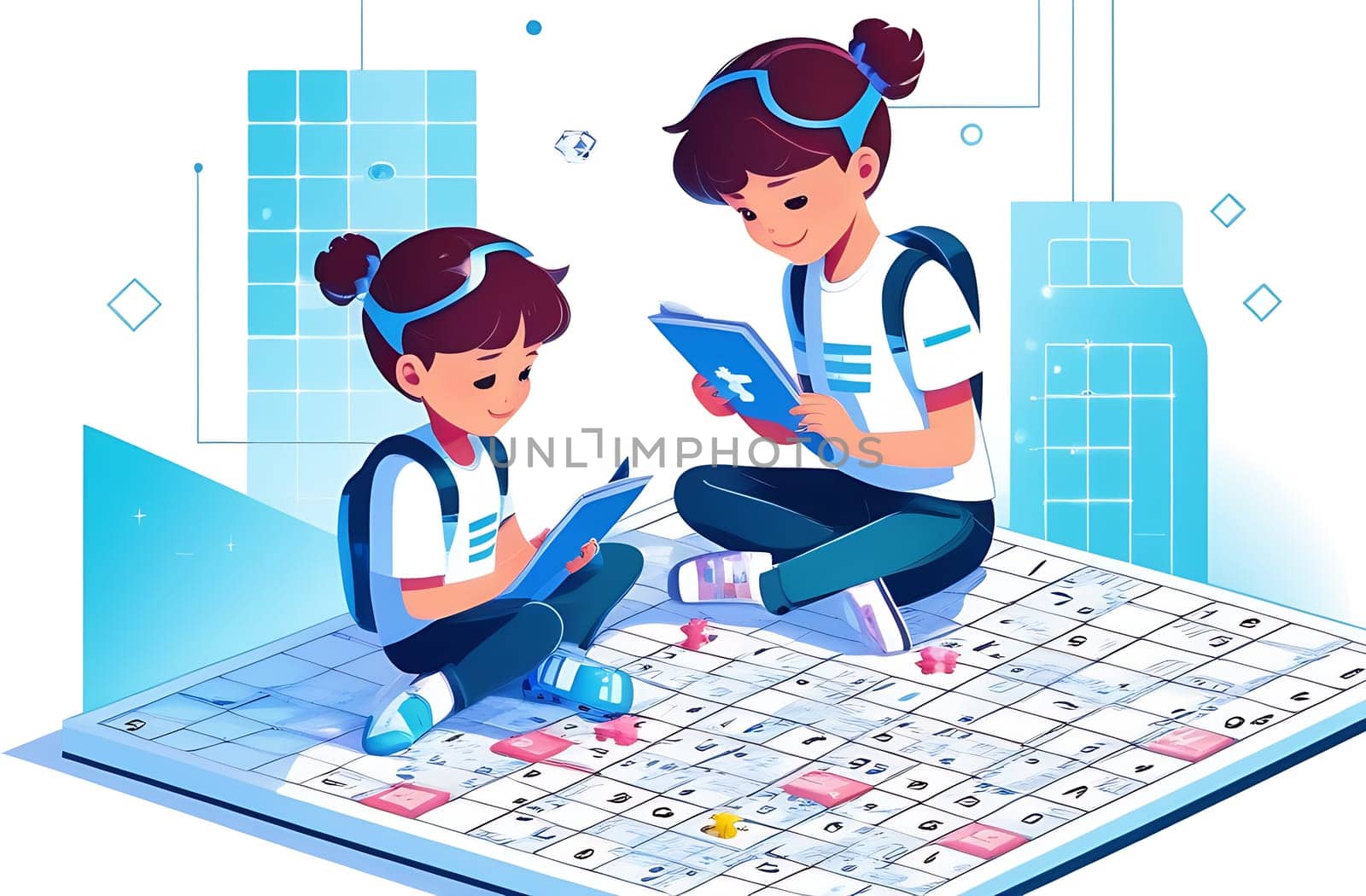 Two little girls solve a Japanese Sudoku crossword puzzle, illustration on a white background by claire_lucia
