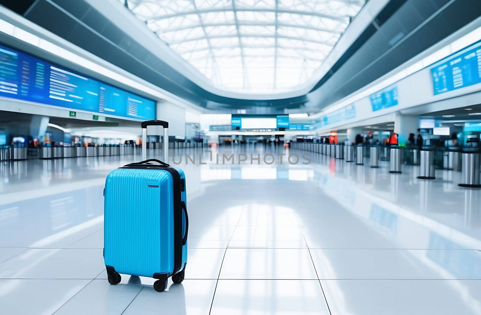 One blue suitcase for hand luggage on the background in the airport terminal in an empty boarding area. The concept of a travel trip by claire_lucia