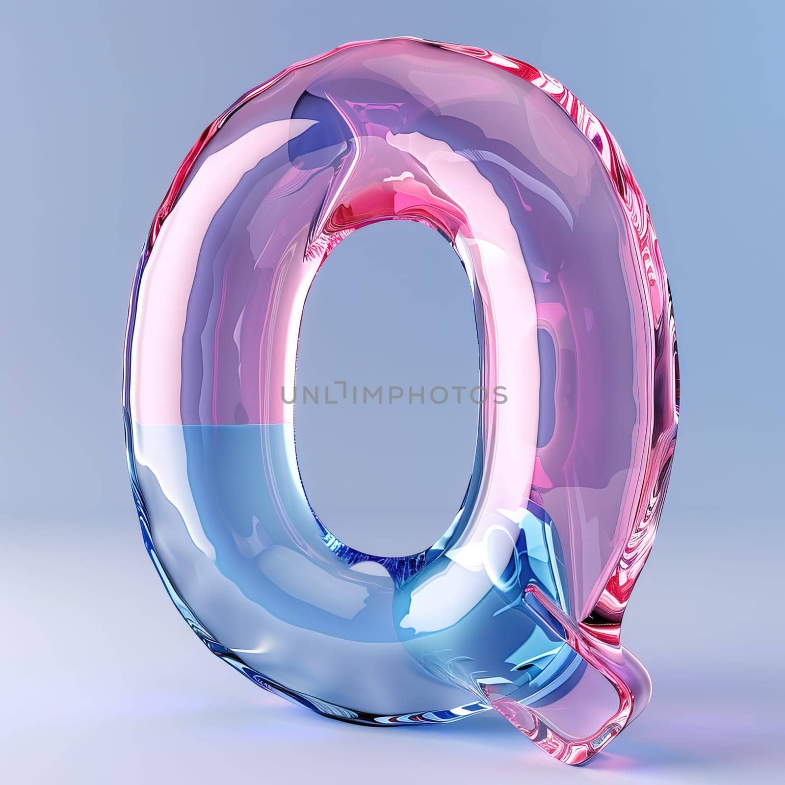 glassy pink and blue letter Q for logo in the style of neumorphism, soft natural lighting, simple and elegant space, close-up, super high detaill